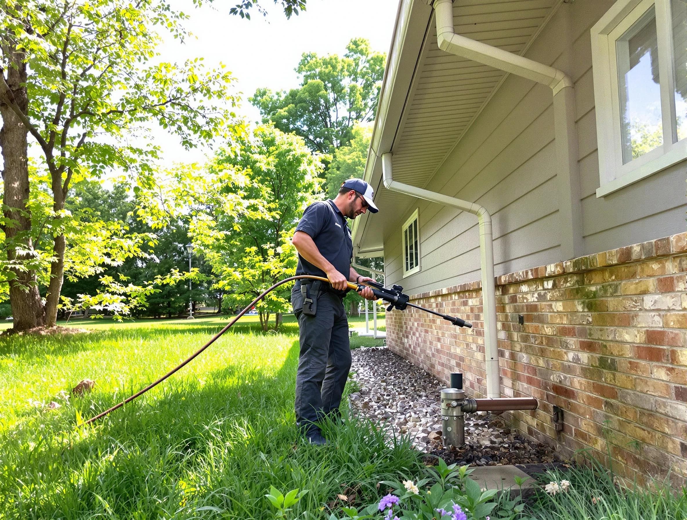 Westlake Roofing Company removing debris from a downspout in Westlake, OH