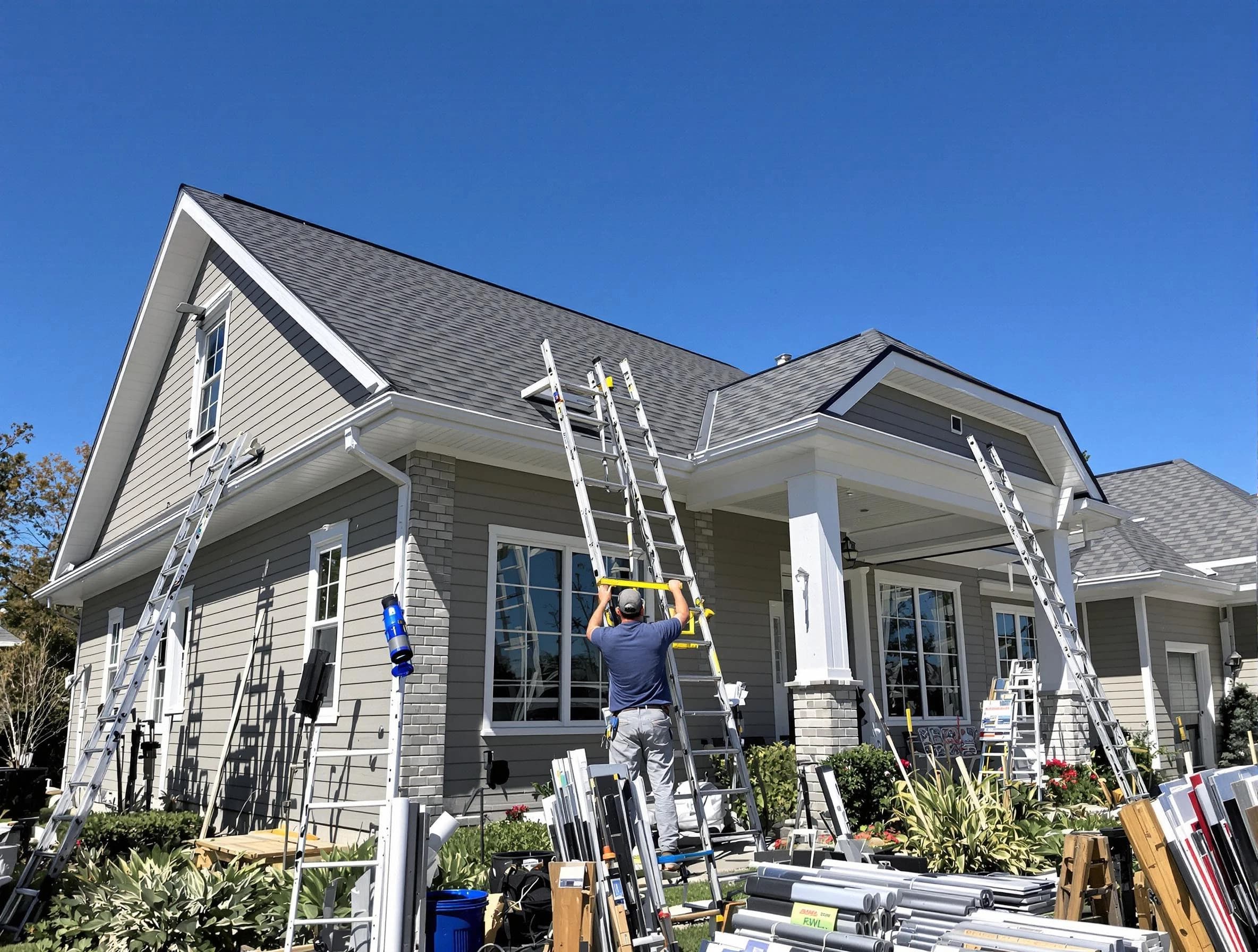 Westlake Roofing Company fitting rain gutters at a home in Westlake, OH