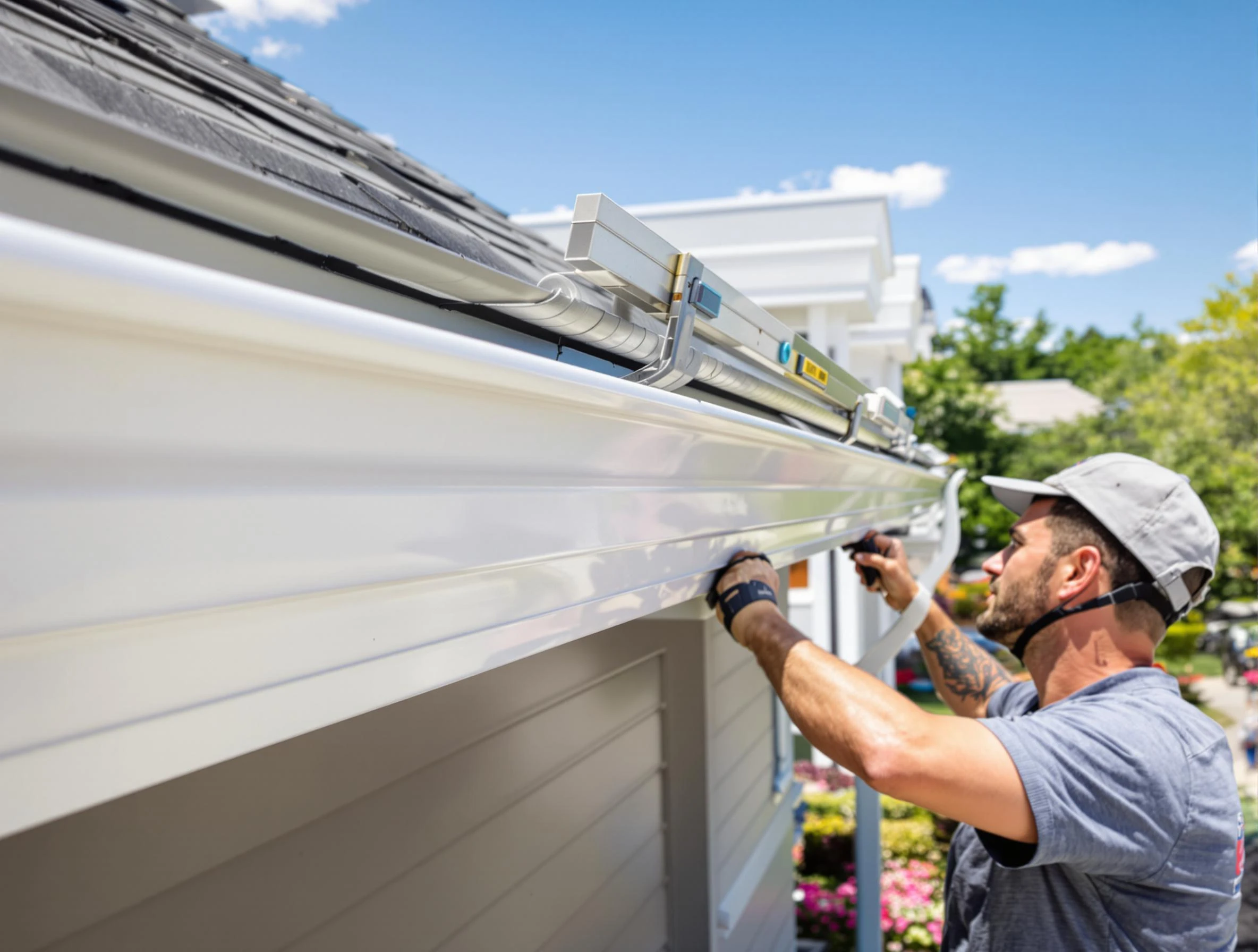 Newly installed gutters by Westlake Roofing Company for a home in Westlake, OH
