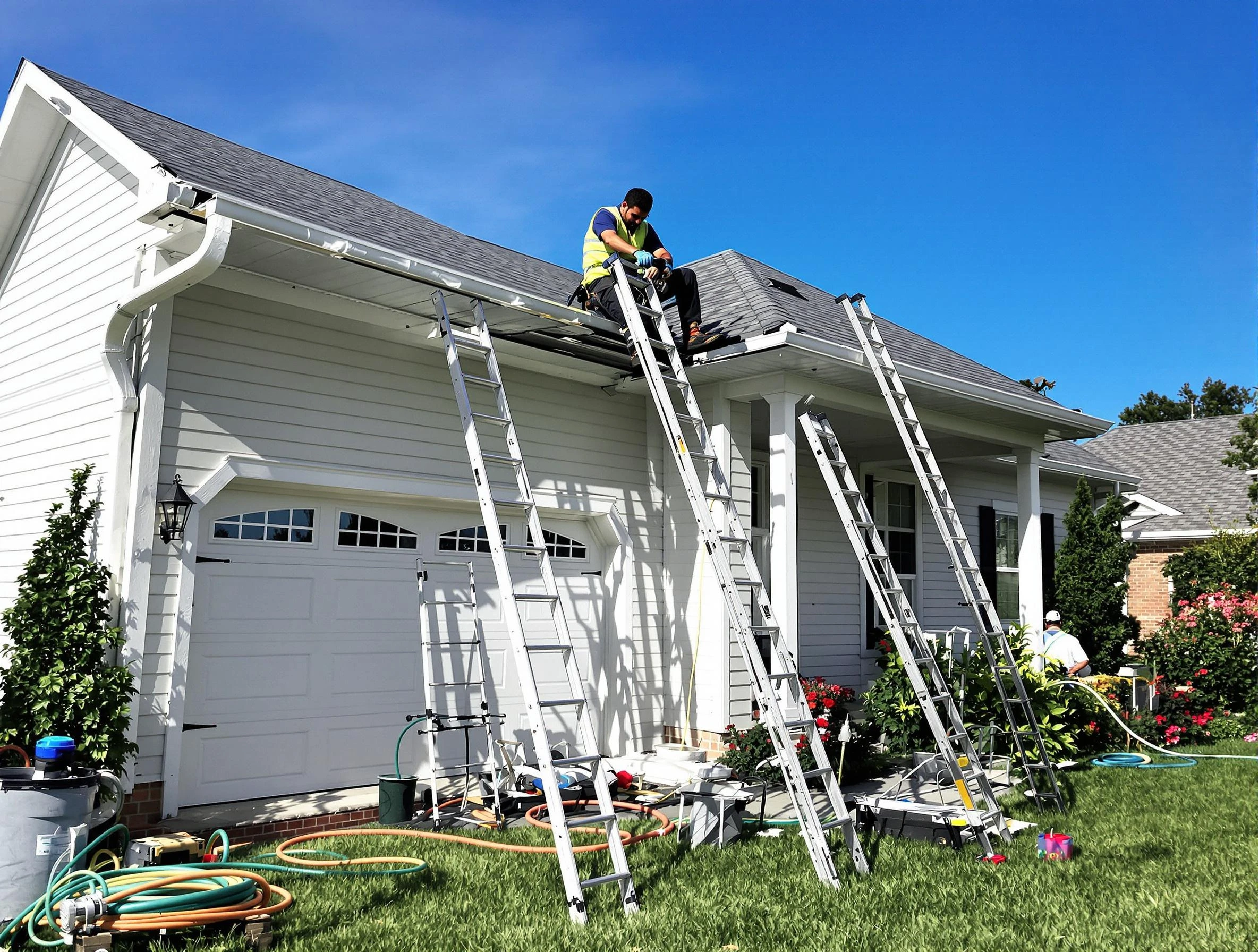 Removal of old gutters by Westlake Roofing Company to install new system in Westlake, OH