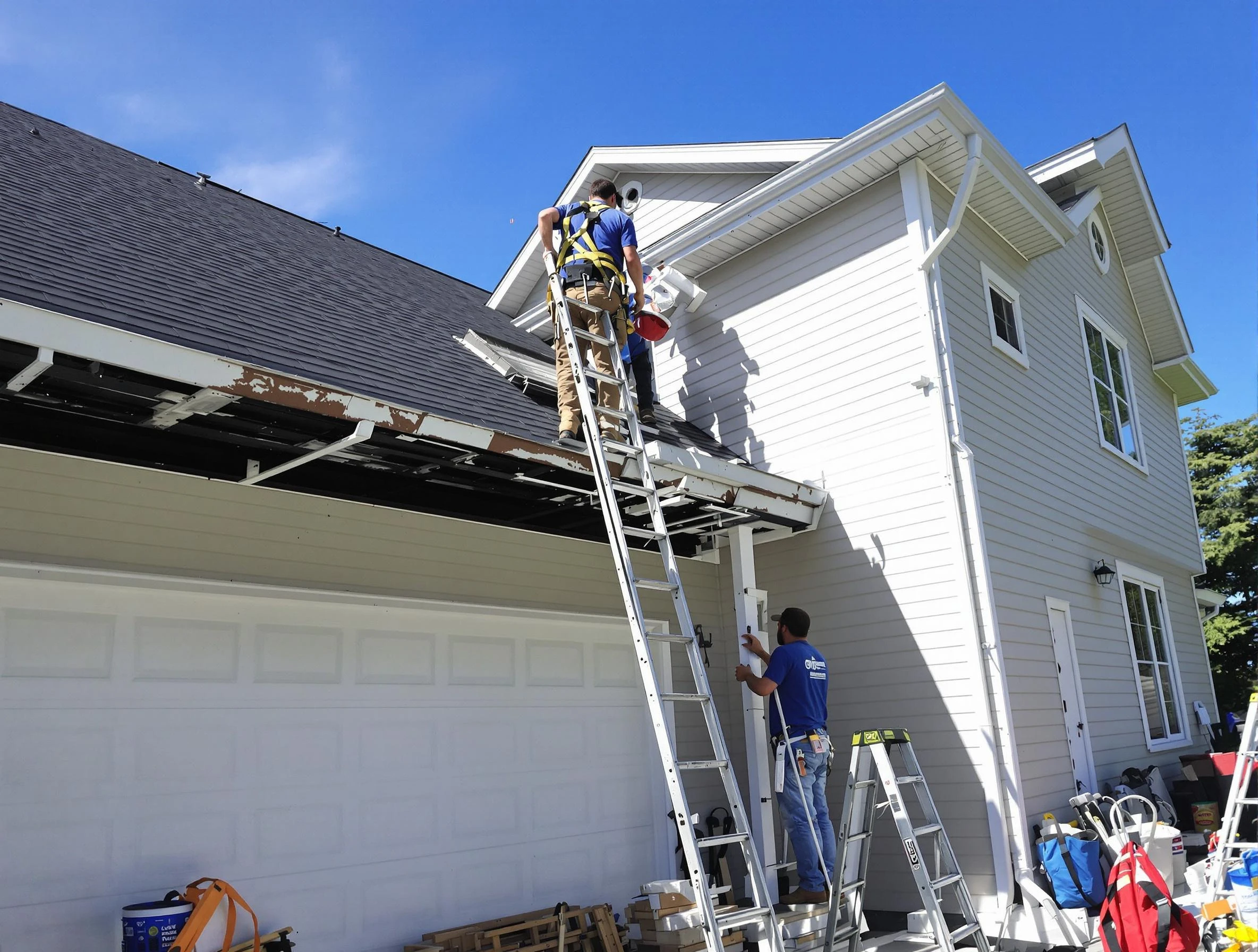 Newly replaced gutters by Westlake Roofing Company in Westlake, OH